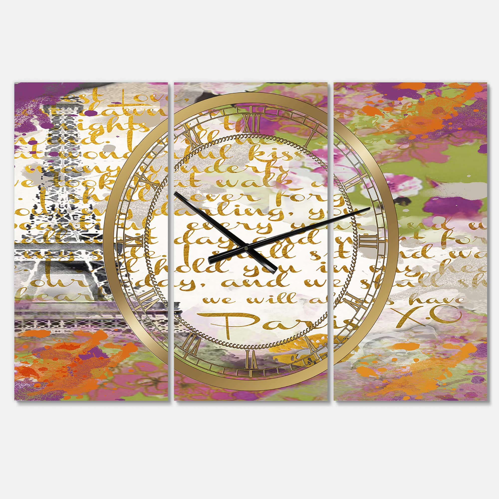Designart With Love From Paris Large Traditional 3 panel Wall Clock